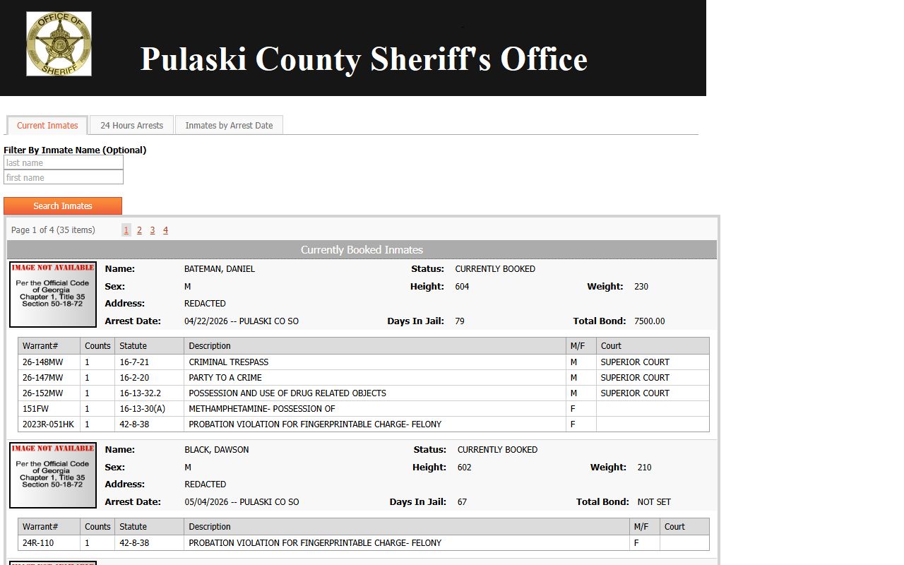 Pulaski County arrest records current inmate roster charge fields