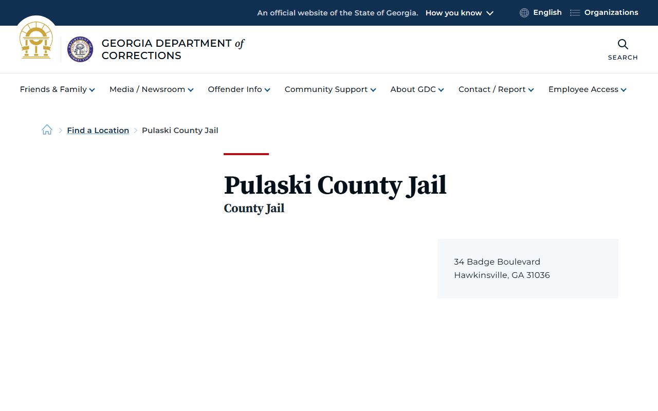 Pulaski County inmate records GDC Pulaski County Jail location page