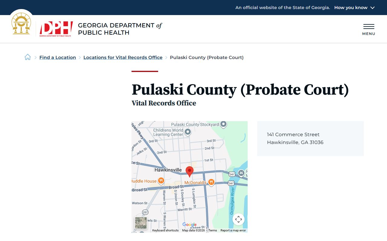 Georgia Department of Public Health listing for Pulaski County Probate Court vital records office
