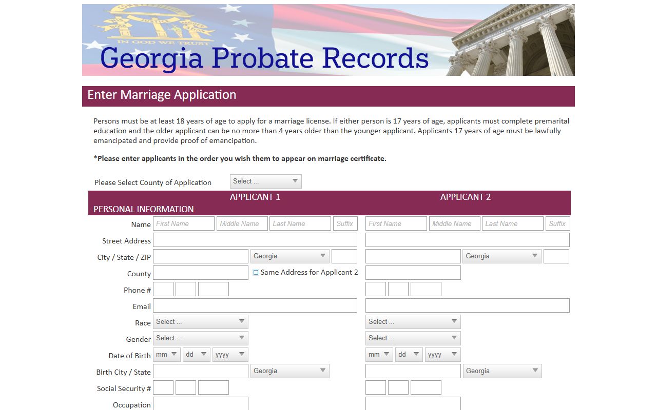 Georgia Probate Records marriage application page with county and applicant fields