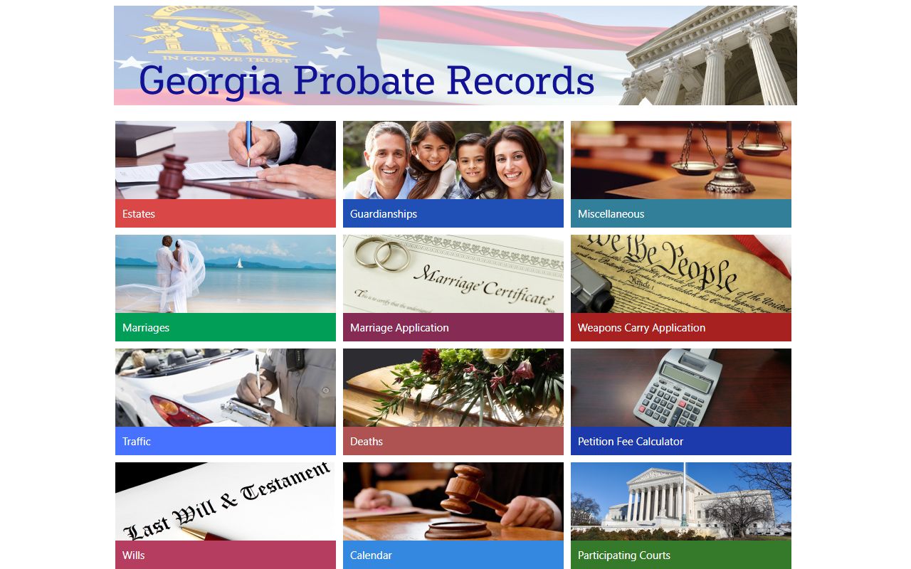Georgia Probate Records portal tiles for probate searches and applications