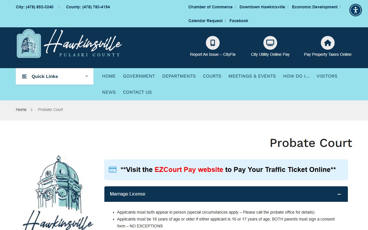 Official Pulaski Probate Court page with marriage license, forms, and traffic fine information
