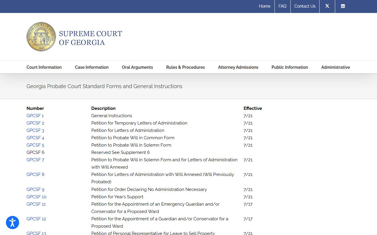 Supreme Court of Georgia probate standard forms table